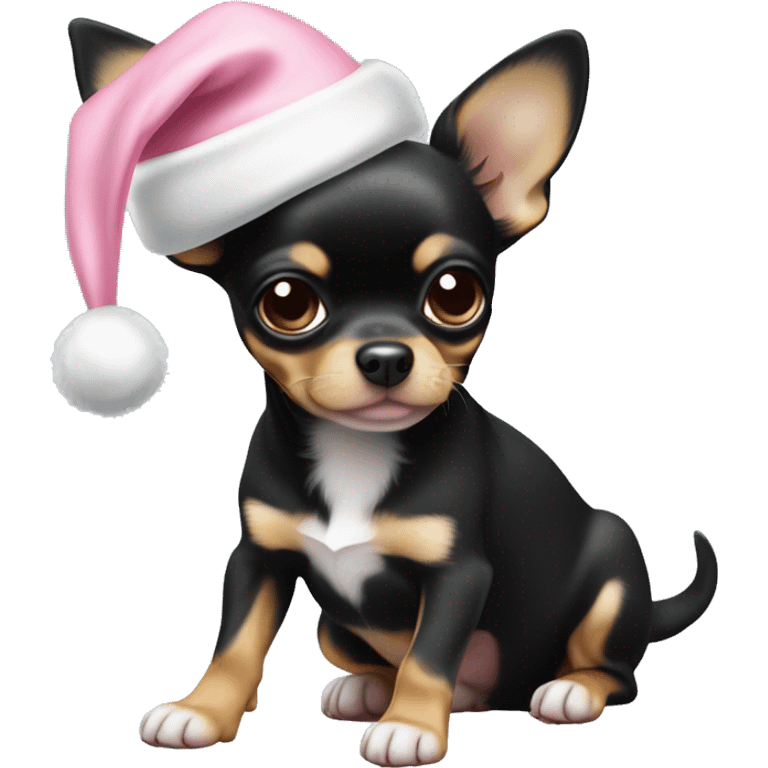 black & tan chihuahua puppy full body light blue eyes pink christmas hat on emoji