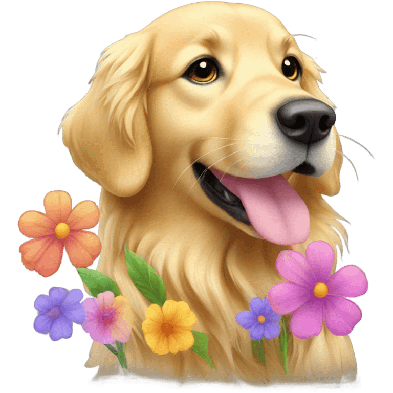 Golden retriever smelling flowers emoji