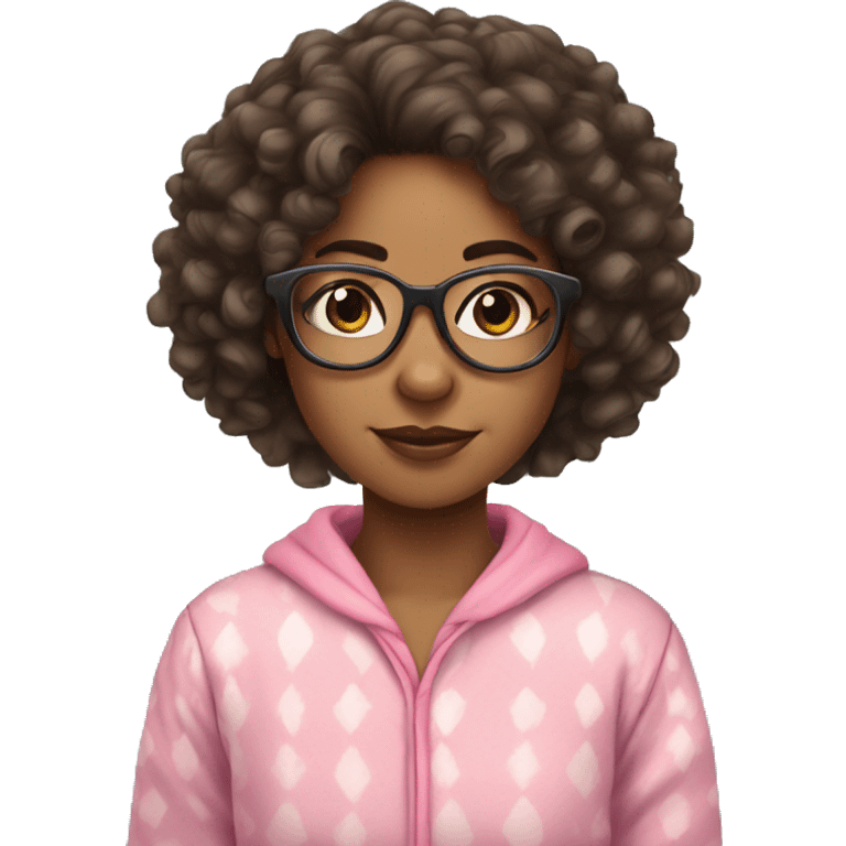 mixed girl with curly hair and glasses with fluffy pink pjs emoji