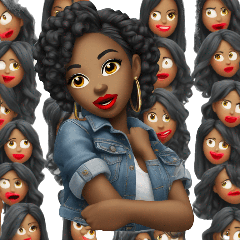 Baddie black girl denim jacket hoop earrings red lipstick  emoji