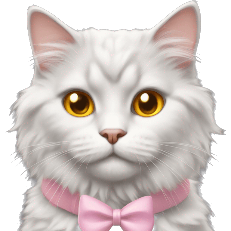 gray and white fluffy cat yellow and orange eyes with pink bow collar emoji