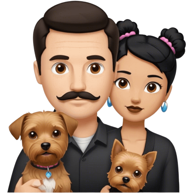 Tall white man with dark hair mustache goatee, and short woman with black hair bun, and a yorkshire terrier dog emoji