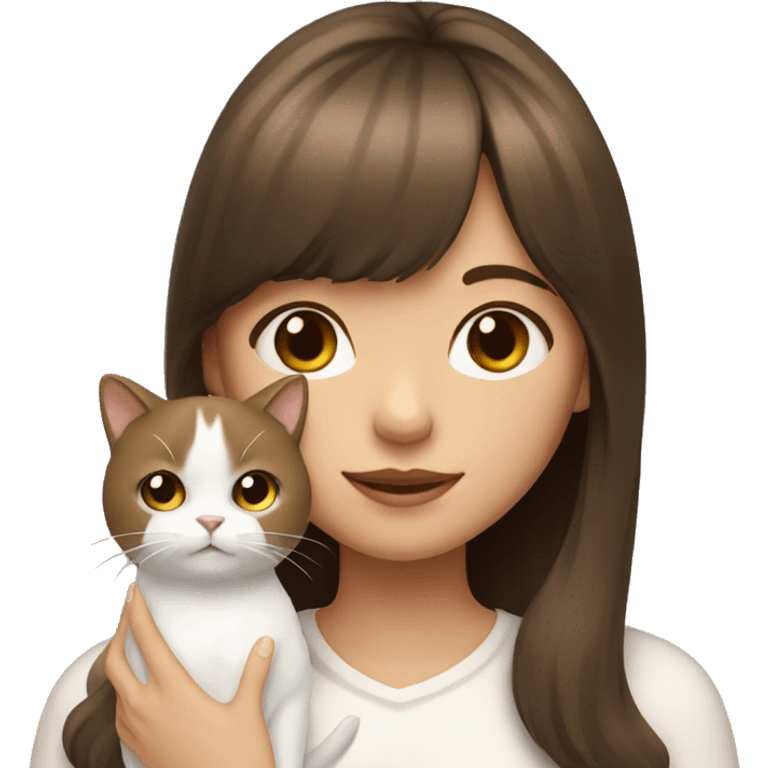 Brown haired girl with bangs holding a white cat  emoji