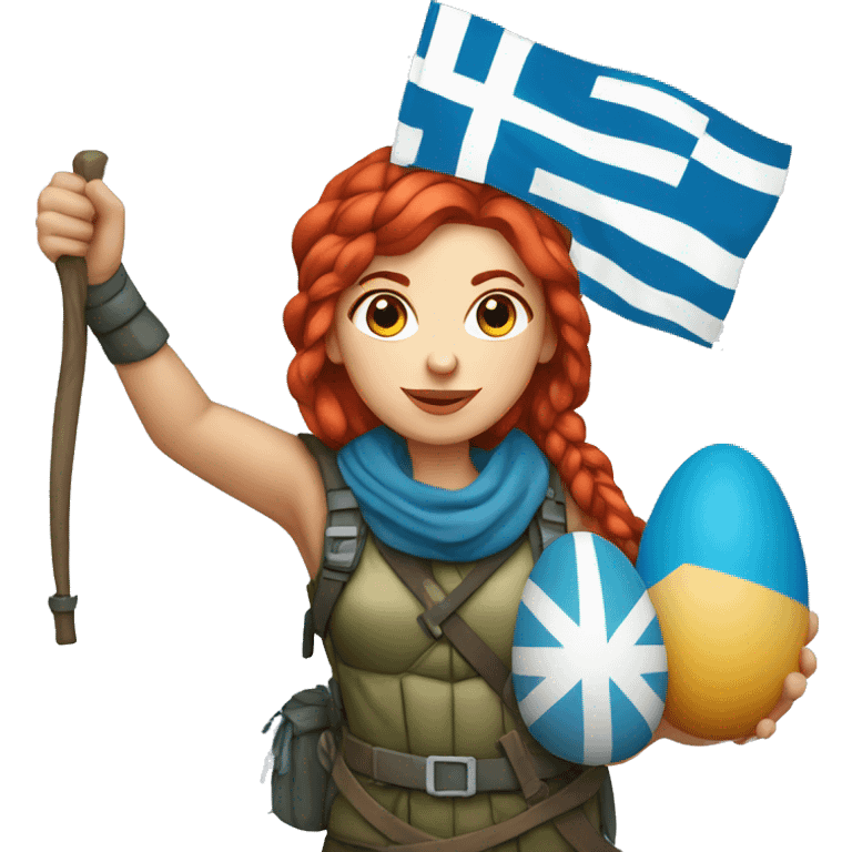 female winter mountaineer red hair holding greek flag and easter egg emoji