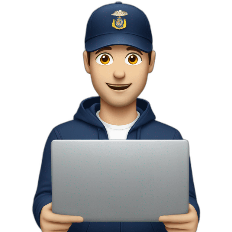 european guy wearing navy cap using laptop emoji