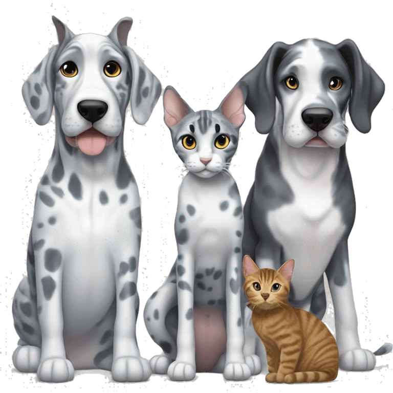 Blue Merle Great Dane next to two tabby cats and one black cat emoji