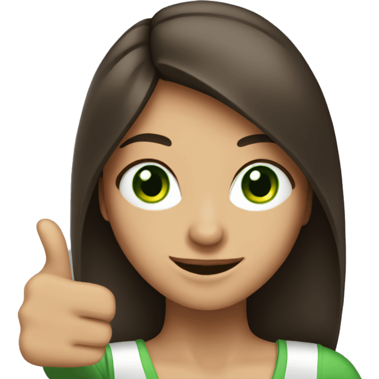 brunette woman with green eyes and thumbs up emoji