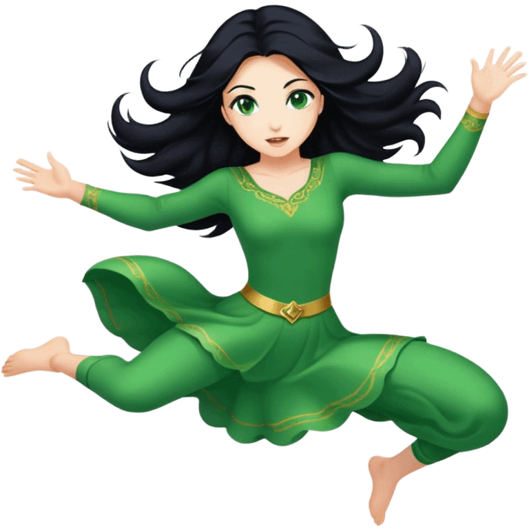 Beautiful lady with long black hair and green eyes jumping emoji