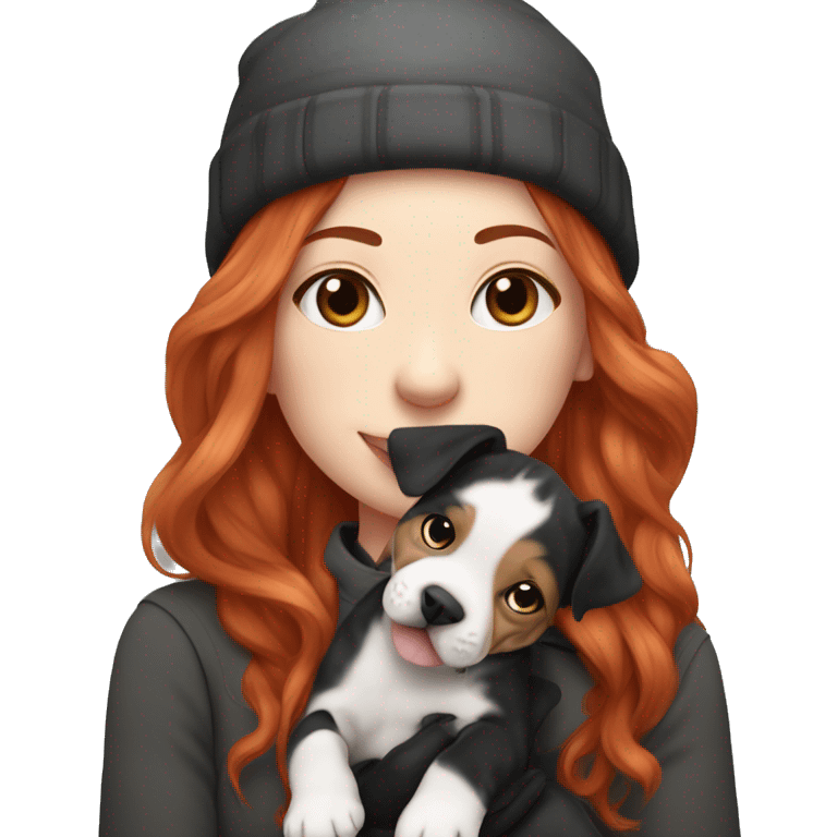 Long Red haired woman in beanie with septum piercing holding black and white English Staffordshire puppy and tabby cat emoji