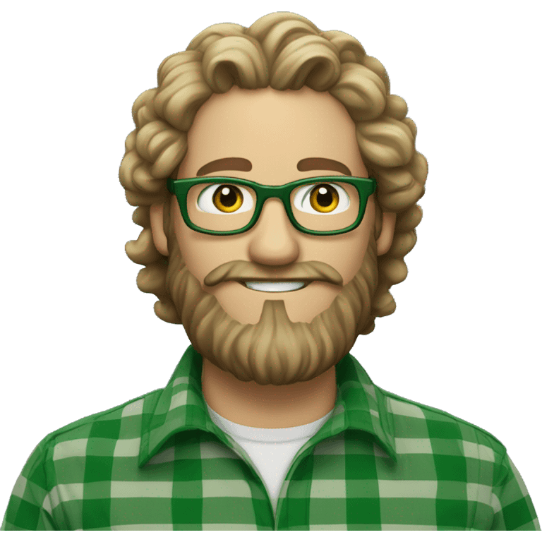 An emoji of a white man with long curly hair tied into a bun, wearing green prescription glasses. He also has a long beard and is wearing a green plaid shirt. emoji