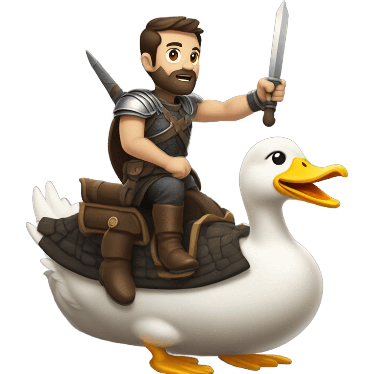 Confident armored White Man with dark brown hair and a short beard pointing forward with one arm yelling a battle charge while riding on the back of a giant duck emoji