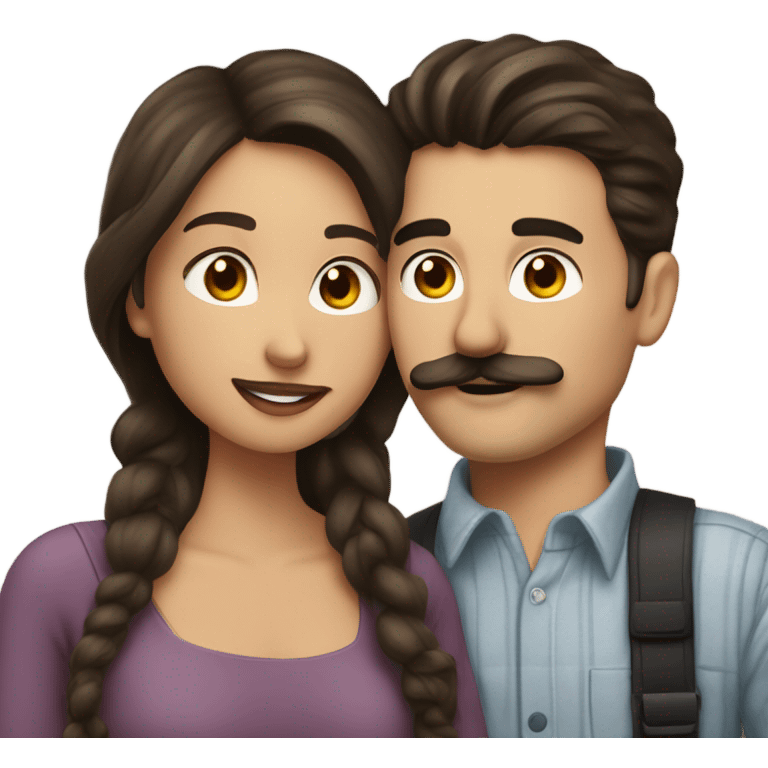 Beautiful girl kiss his boyfriend.  A white man and woman are kissing, they have dark brown hair. the man has a mustache emoji