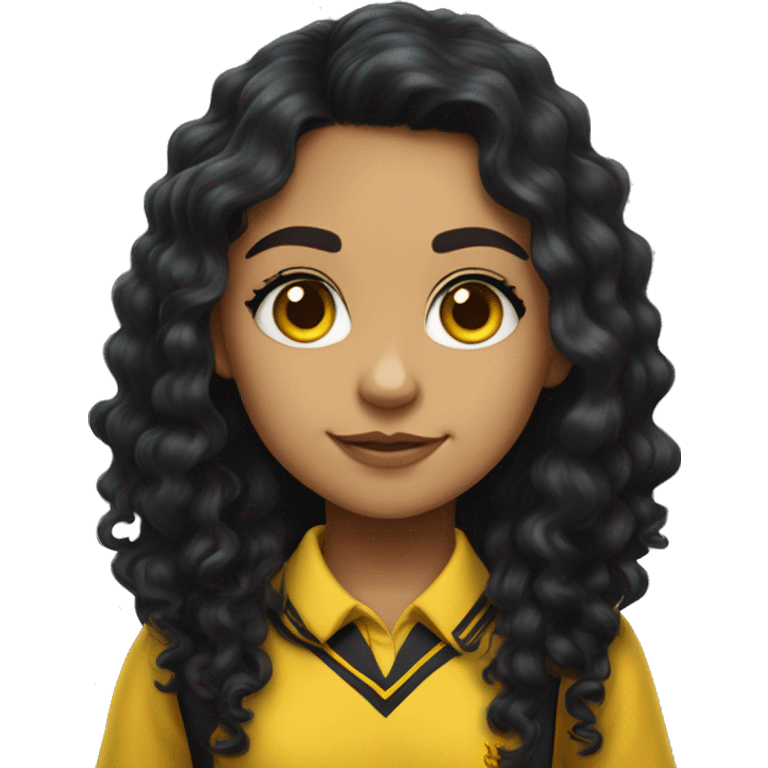  Hyper realistic Hispanic girl with long black curly hair  wearing Hufflepuff school uniform emoji