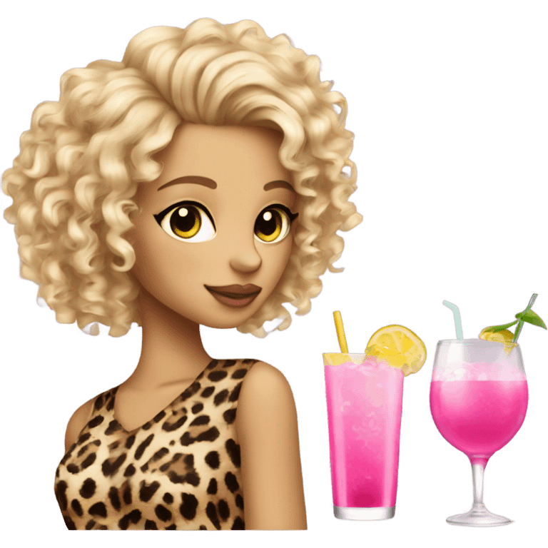 Blonde girl curly hair leopard print drinking pink cocktail emoji