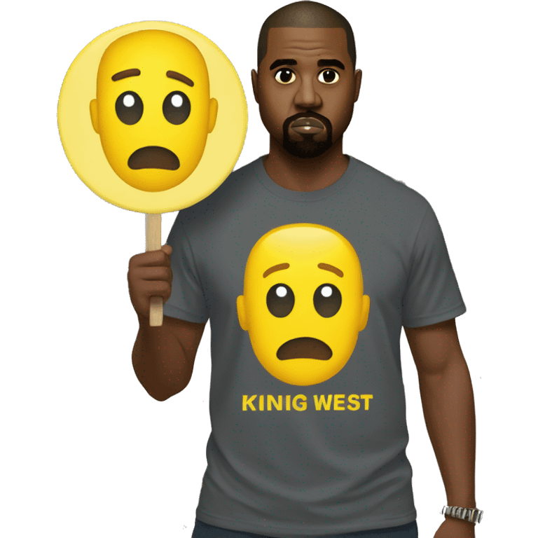 Kanye west holds a yellow sign with tshirt emoji