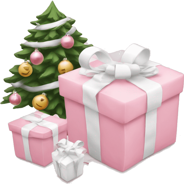 Light pink Christmas gifts under a white Christmas tree  emoji