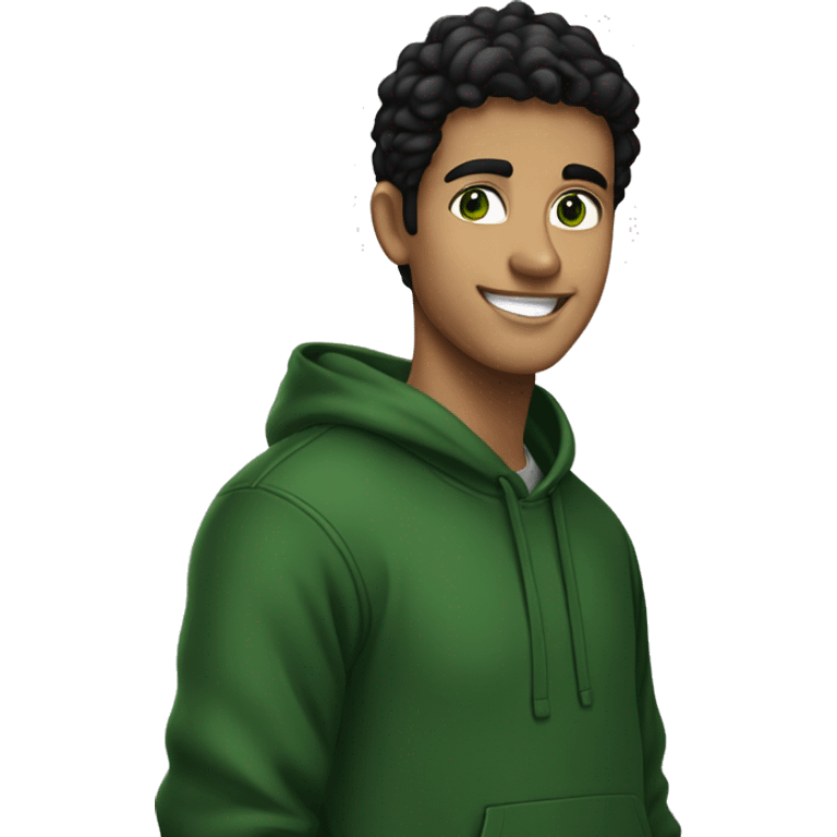 A young man with black hair and green eyes. Wearing a dark green hoodie. Smiling. emoji