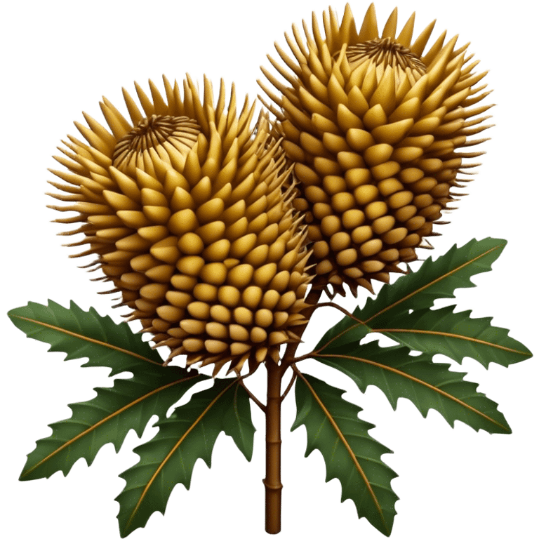 Cinematic Realistic Banksia Emoji, Bold and striking, with spiky, cylindrical flower heads covered in rich golden hues. The leaves are thick and leathery, adding a sense of strength to this unique and iconic tree. Soft glowing outline, capturing the essence of Australian ruggedness and floral beauty in a distinctive banksia tree! emoji