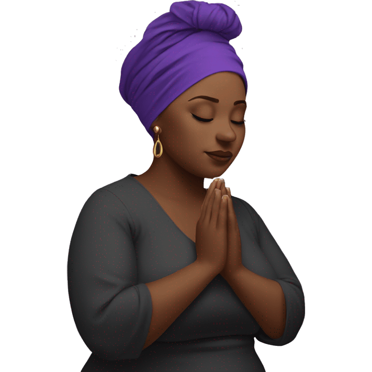 Dark Plus size woman praying with purple head wrap   emoji