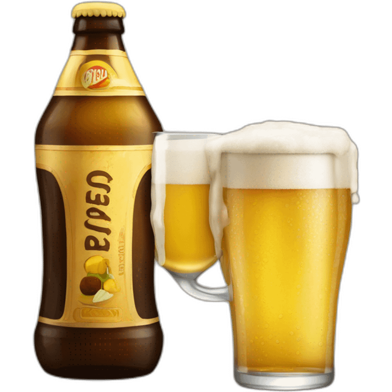 Garrafa de cerveja com copo e tira gosto emoji