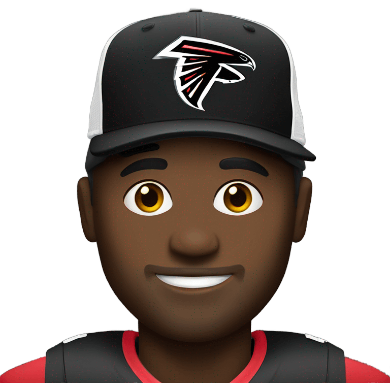 Black man wearing a hat with the NFL falcons logo on it and also wearing the nfl falcons jersey emoji