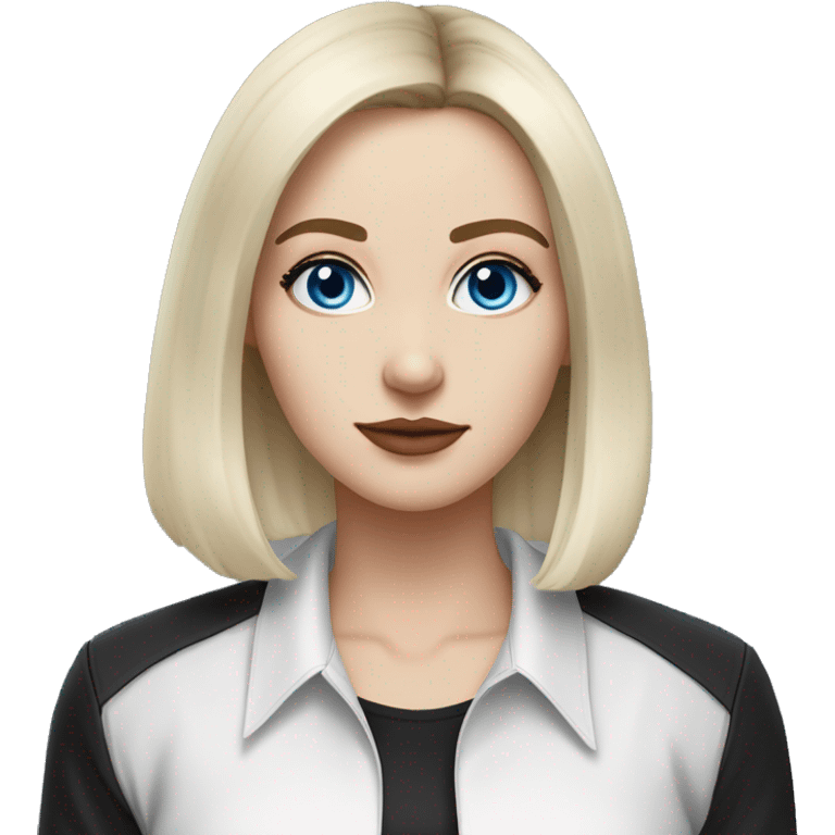 waist-length portrait, look up, Slavic adult woman, goth eyes makeup, blue eyes, medium bob black-to-blonde ombre straight hair, white T-shirt and black office jacket. emoji