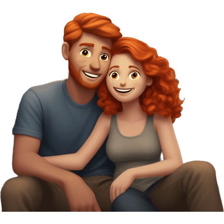 A happy red headed lady snuggling with her boy friend as they watch the sunset from up in the mountains emoji