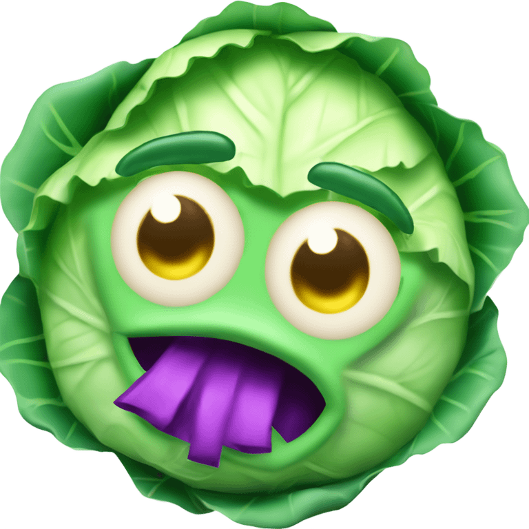 Create 3D color cabbage emoji with mysterious face and big shiny eyes 👀. has two leafy hands, hand holds a small mirror 🪞 emoji