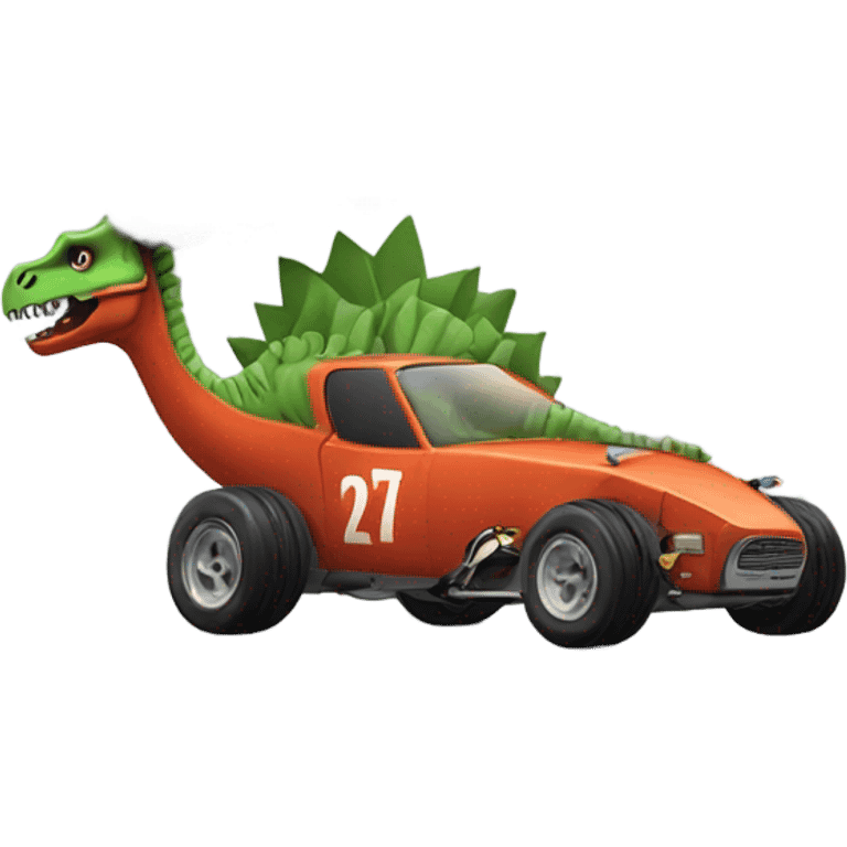 Dinosaur in race car with smoke coming out the end emoji