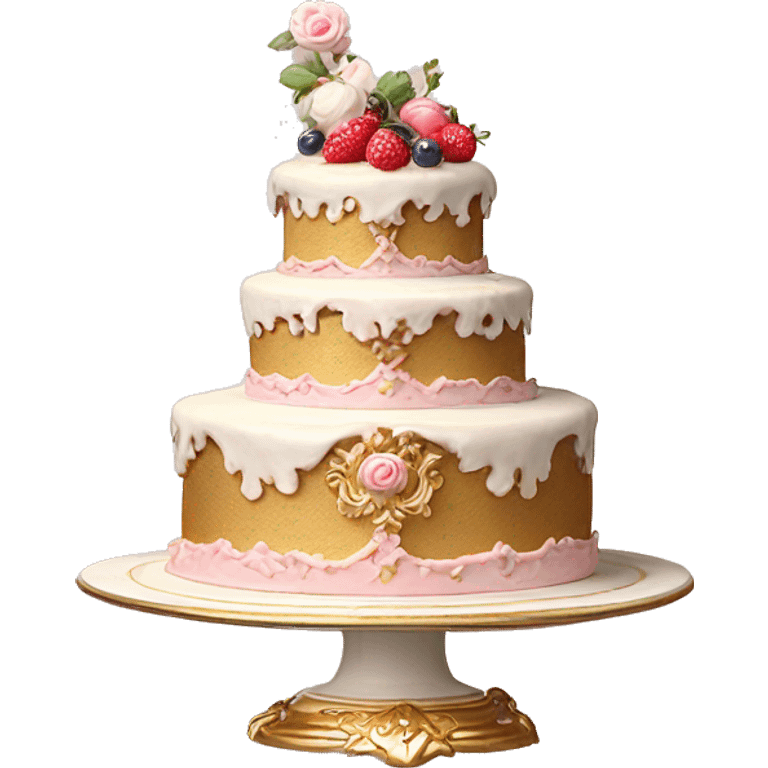 aesthetic vintage rococo cake with white icing, berries on a gold, pale pink, and white ceramic plate stand  emoji