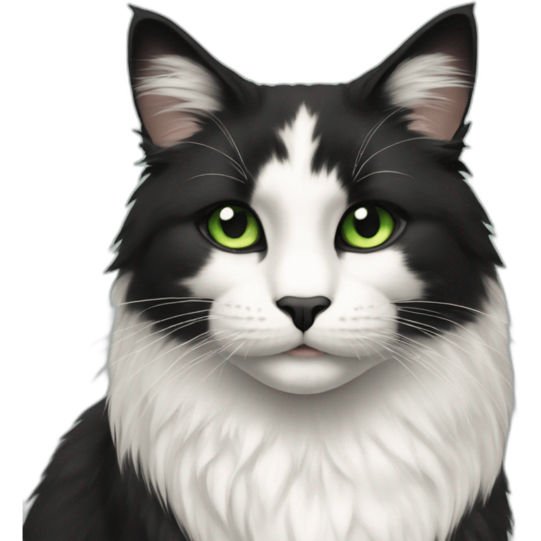 Norvegian cat black and nose white long fur and Green eyes  emoji