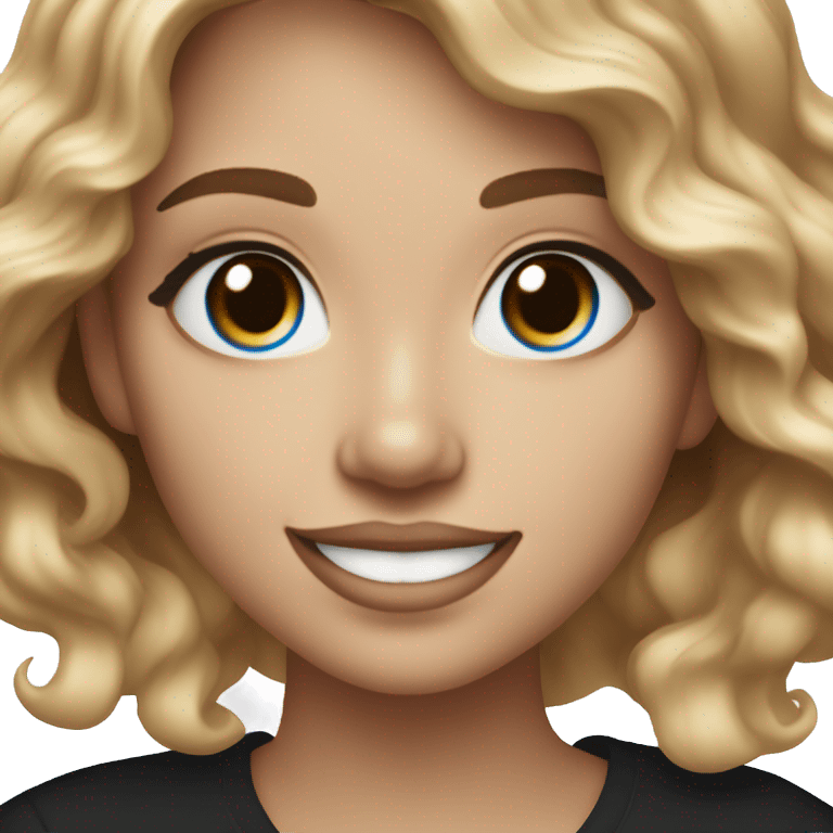 White-skinned adult woman, smiling, glitter makeup on her face, blue eyes, long brown-to-blonde ombre wavy hair, ring earrings, black T-shirt. emoji