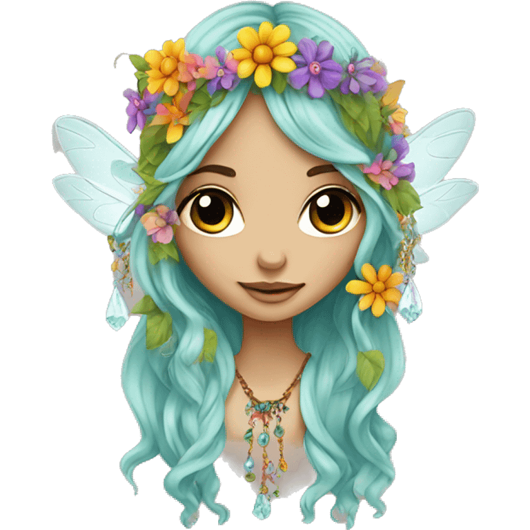 Bohemian hippie fairy flowers in hair, crystal jewelry emoji