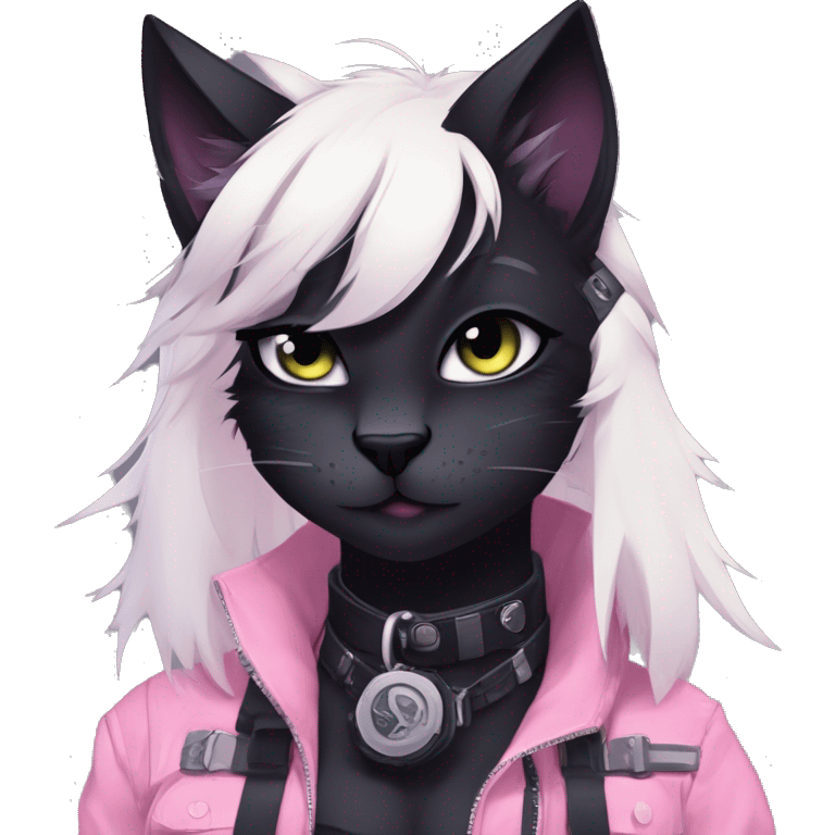 Gorgeous furry dark cyberpunk techwear anime style anthro black cat fursona with blushing face aesthetic and pretty edgy black with collar and harness trending style emoji