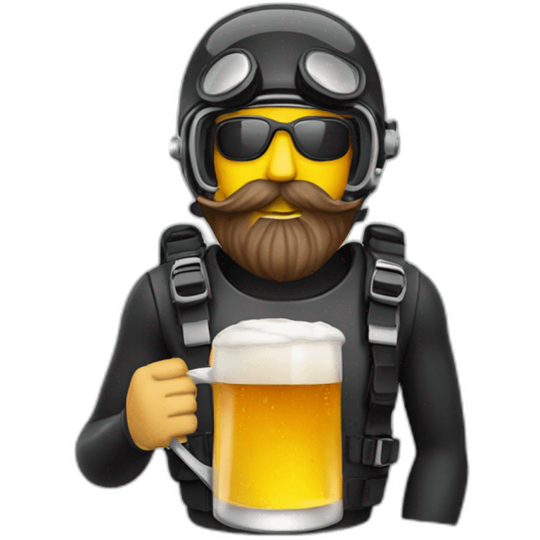 Scuba diver with mustache and beard drinking a mug of beer emoji