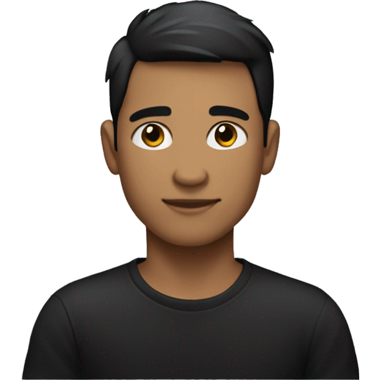 Create an emoji of a young man with short black hair, medium skin tone, wearing a black t-shirt, arms crossed, and a neutral expression emoji