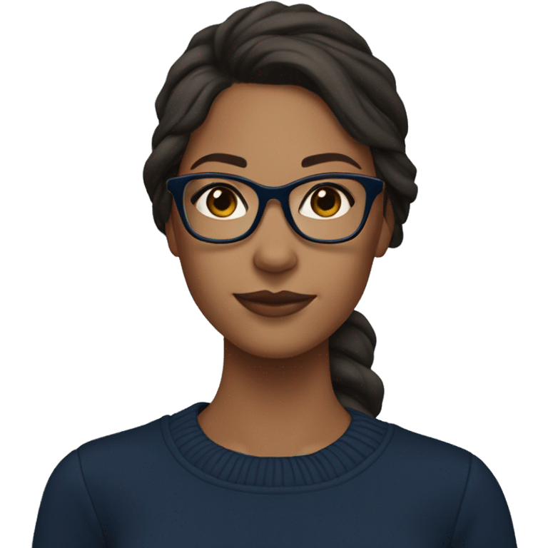 Tan girl in a navy blue sweater with medium length dark brown hair and clear glasses emoji