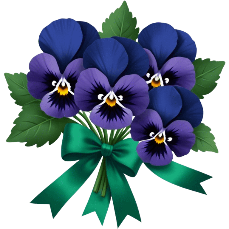 A gracefully arranged bouquet of navy blue pansies, tied with an elegant emerald green satin ribbon. emoji