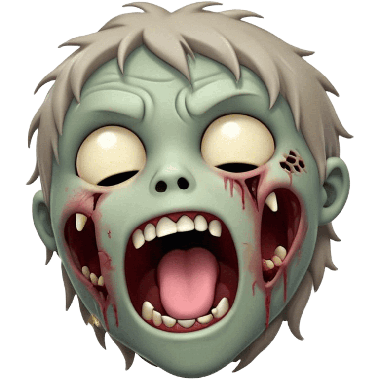 Cinematic Cute Yawning Zombie Portrait Emoji, with a delightfully quirky, slightly disheveled face in muted ashen tones, head tilted back in a big, funny yawn that reveals quirky stitches and playful gaps, simplified yet irresistibly charming, highly detailed with a soft, eerie glowing outline capturing the sleepy, offbeat vibe of a zombie taking a nap! emoji