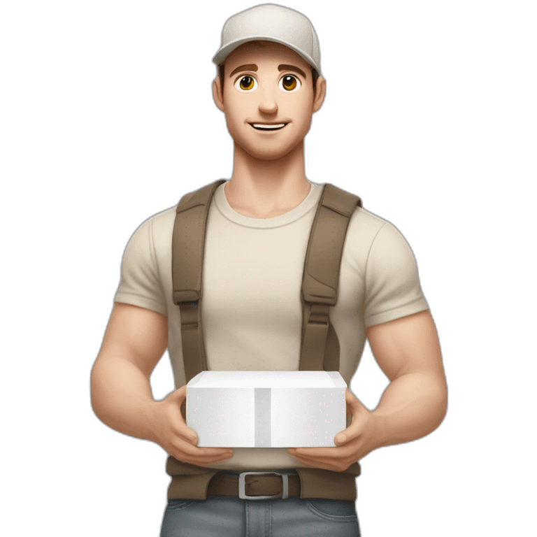 Pale skinned fit Man with dark brown hair in a beige cap, gray jeans, brown polo and white T-shirt keeping a pasted with tape white box into his hands emoji