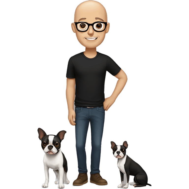 bald man in black shirt with brown eyes glasses holding boston terrier emoji