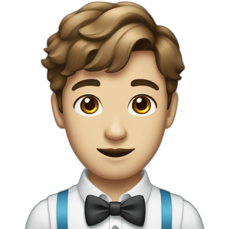 A young male tennager with a round face and very short brown hair and a mole on chin wearing a blue bow tie emoji