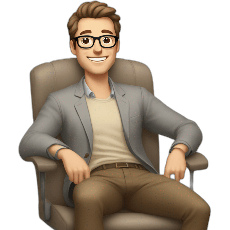 Joyful thrumbs up Pale skinned Fit Man With dark brown hair in gray jacket, beige office shirt, Brown pants and vintage glasses sitting In a soft chair emoji