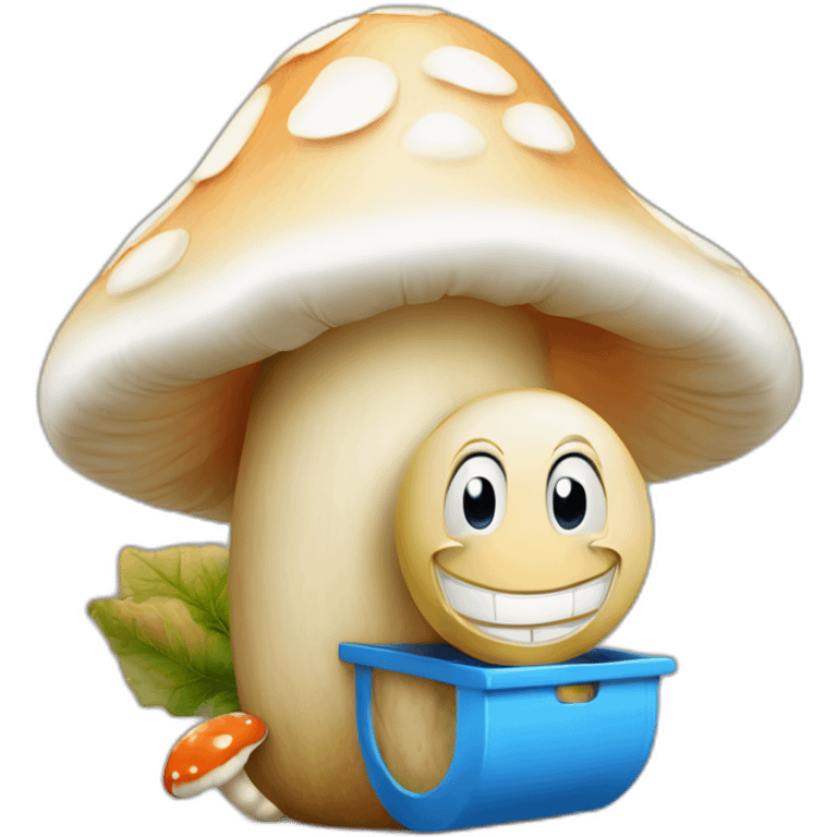 Un Schtroumpf à côté de sa maison champignon emoji