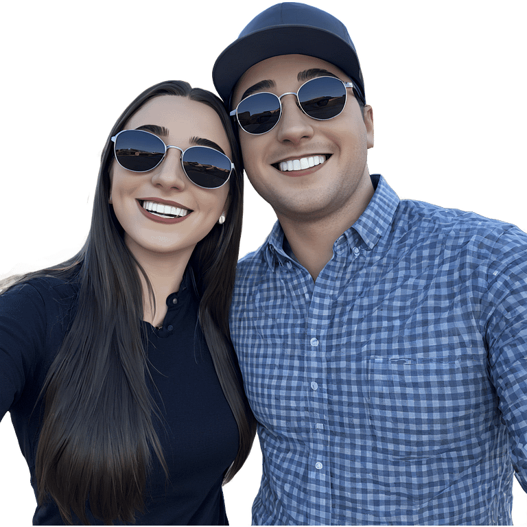 smiling couple outdoors with sun emoji