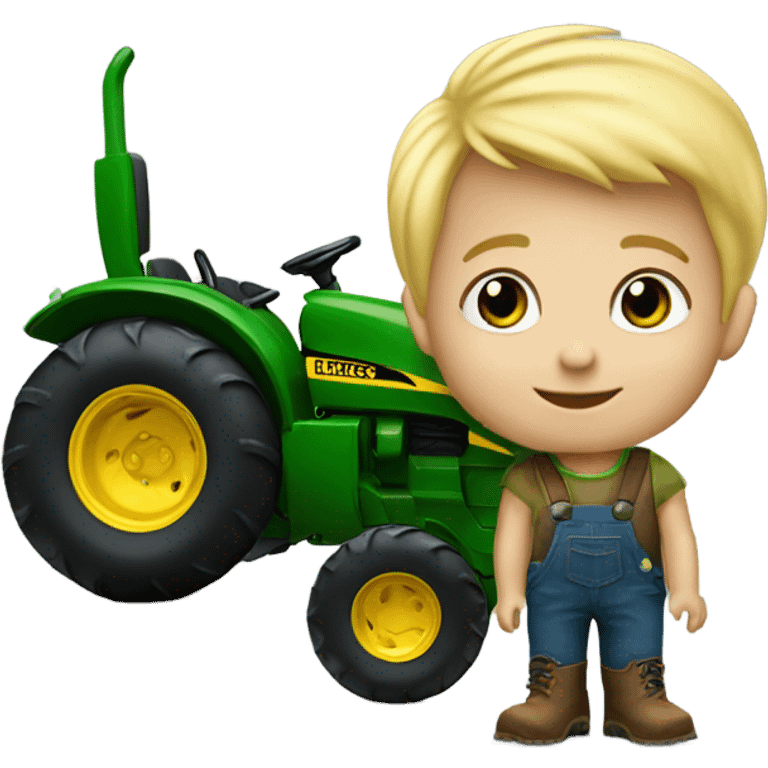 3 year old Blonde headed little boy riding a John Deere tractor emoji