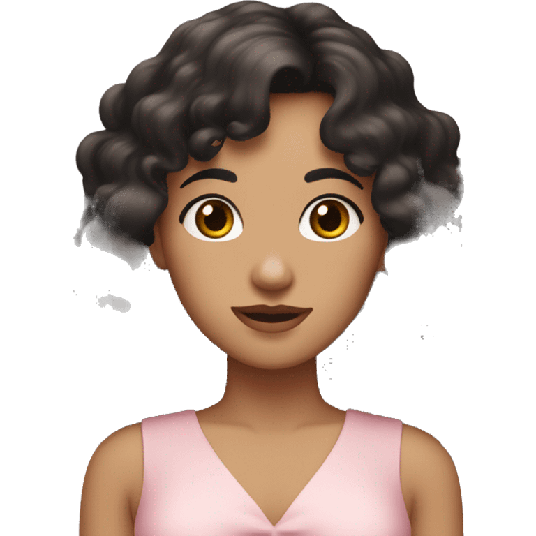 White woman with long black curly hair and bangs and dark brown eyes, wearing a pastel pink dress emoji