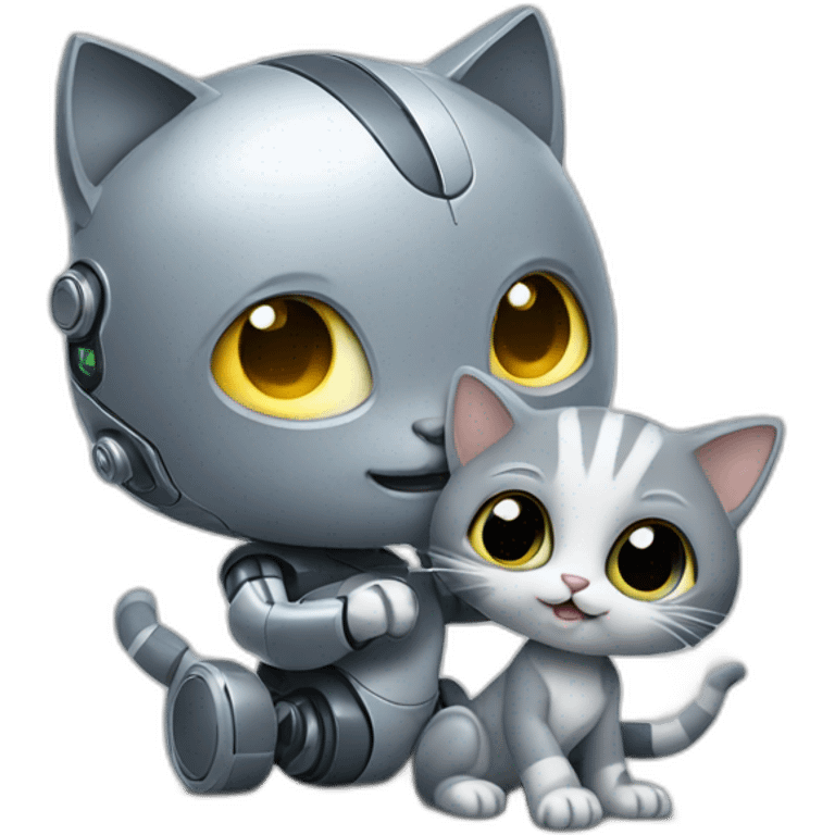 Baby robot playing with grey cat emoji