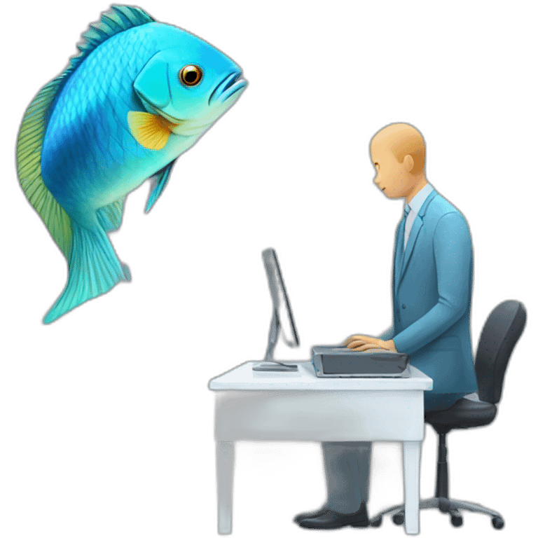 Fish with human body watching a man with computer head emoji