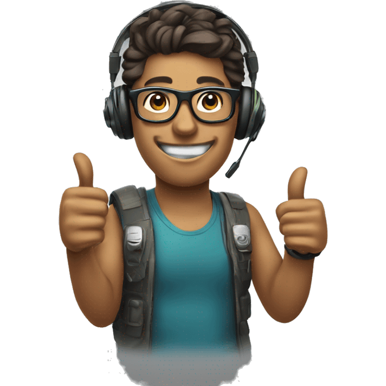 gamer with headset and mic with glasses and smile with thumbs up emoji